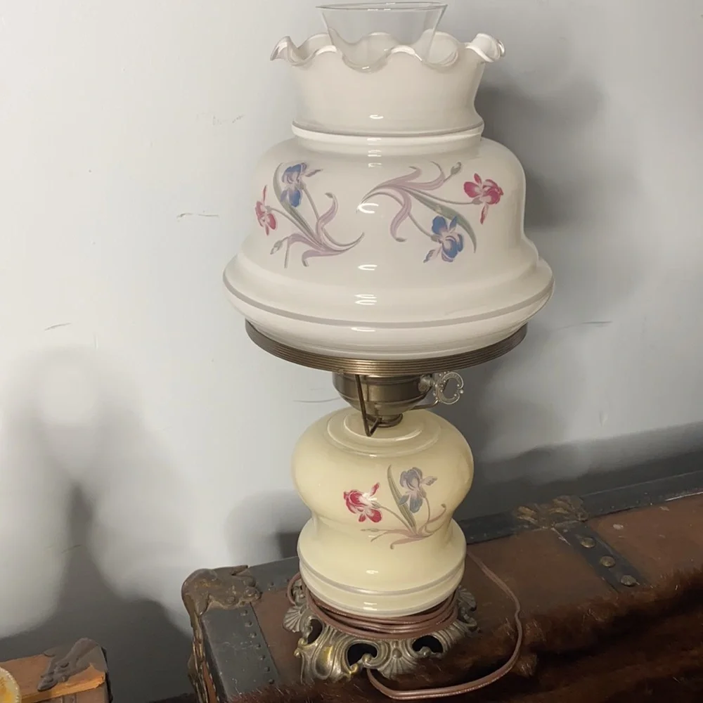 . Vintage Milk Glass Hurricane Lamp - Floral Pattern on Milk Glass Table Top